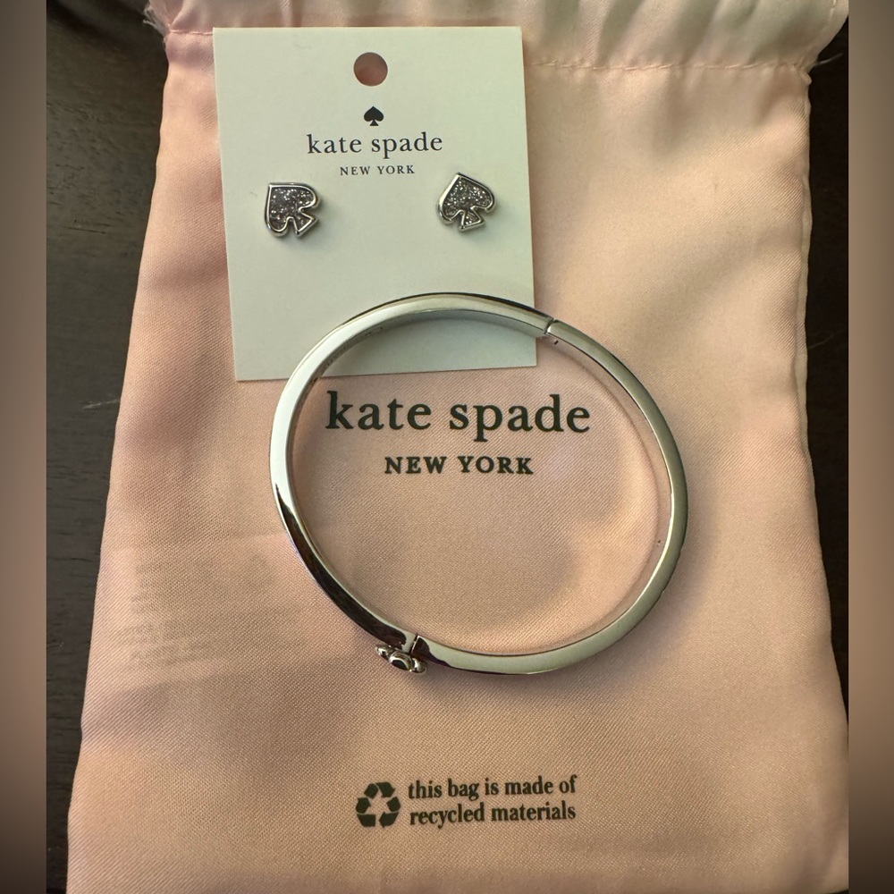 Kate Spade Everyday Spade Glitter Silver Stud Earrings and Bangle